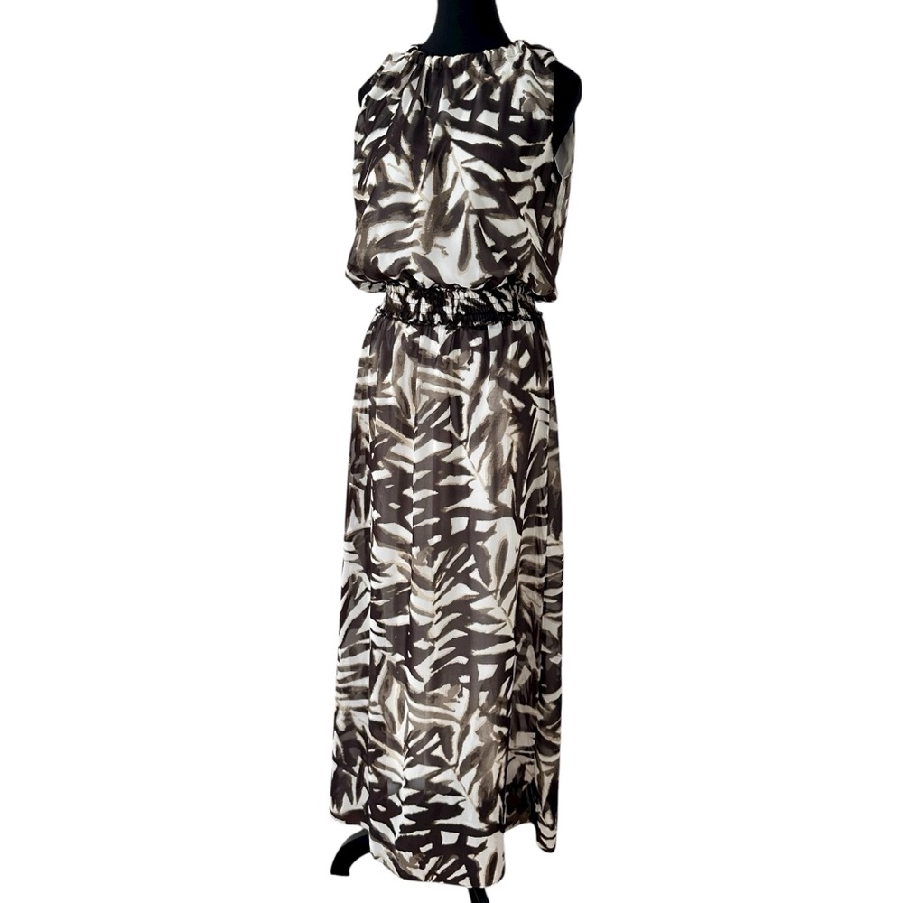 Edit by Jeanne Beker Elegant Leaf Print Maxi Dress in Brown and Cream size 8